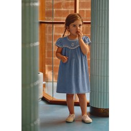 فستان جينز مطرز للأطفال 1-7 سنوات - أزرق Embroidered Denim Dress for Girls 1-7 Years - Blue