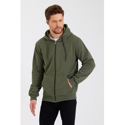 METALIC سترة رجالية بغطاء رأس وسحاب، بجيوب كانجارو، مبطنة بالقطن - كاكي METALIC Men's Khaki Hooded Zipper Cardigan with Kangaroo Pockets, Cotton Lined