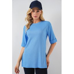 تيشيرت 4332 محبوك بفتحة جانبية - أزرق فاتح 4332 Knitted T-Shirt with Side Slit - Light Blue