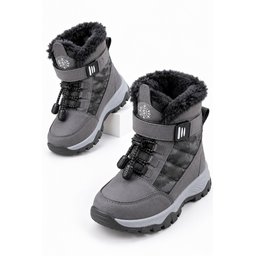 حذاء ثلج للأطفال Muggo TUNDY للجنسين مبطن بالفرو مع فيلكرو وأربطة - رمادي Muggo TUNDY Unisex Kids' Fur-Lined Snow Boot with Hook-and-Loop and Laces - Grey