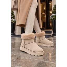 حذاء Muggo NELİS نسائي شتوي يومي مبطن بالفرو - بيج Muggo NELİS Women's Casual Winter Ankle Boot - Beige