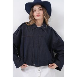 جاكيت بومبر نسائي جينز 0737 - كحلي Women's Denim Bomber Jacket 0737 - Navy Blue