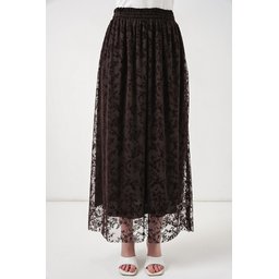 تنورة نسائية مبطنة بطبعة فلوك 8076 - بني Women's Flocked Print Lined Skirt 8076 - Brown