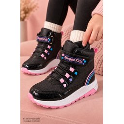 حذاء شتوي بناتي Muggo HUGGİE وردي بلمعة وقلب، لاصق ورباط Muggo HUGGİE Girls' Winter Boots - Glitter, Heart Detail, Velcro & Lace-up - Powder Pink