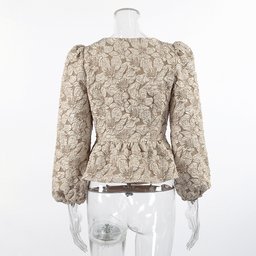 بلوزة جاكار فاخرة بياقة مربعة وأكمام منفوخة French-Style High-End Jacquard Shirt