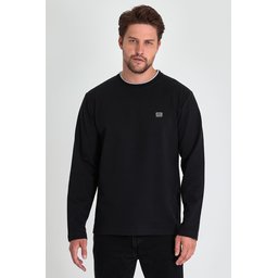 سويت شيرت رجالي أسود بياقة دائرية مزدوجة وتفاصيل طباعة، قصة مريحة Men's Black Double Crew Neck Printed Detail Standard Relaxed Fit Sweatshirt