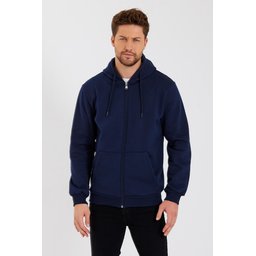 METALIC سترة رجالية بغطاء رأس وسحاب، جيب كنغر، مبطنة بالقطن - كحلي METALIC Men's Navy Hooded Zipper Cardigan with Kangaroo Pocket, Cotton Lined