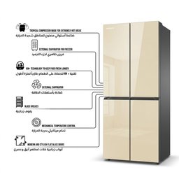 ثلاجة 4 أبواب نظام تبريد مباشر - تصميم زجاج ذهبي شمباني Shownic 4 Doors Refrigerator – Gold