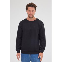 سويت شيرت رجالي أسود بياقة دائرية، قصة عادية، قطن أساسي Men's Black Standard Fit Regular Cut Cotton Basic Crew Neck Sweatshirt