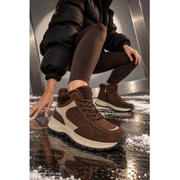 حذاء سنيكرز نسائي شتوي Muggo NORTEX فرو بسحاب ونعل سميك - بني Muggo NORTEX Fur Lined Zipper Thick Sole Lace-up Winter Women's Sneaker Boots - Brown