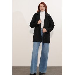 9143 معطف نسائي أسود بياقة متقاطعة من الكاشيه 9143 Women's Black Crossover Collar Cachet Coat