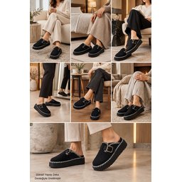 Muggo MAYRA شبشب نسائي شتوي يومي بفرو داخلي وإبزيم - أسود Muggo MAYRA Women's Winter Daily Slipper with Buckle & Faux Fur Lining - Black