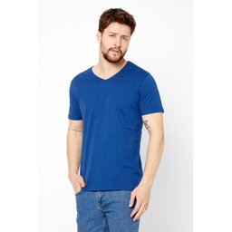 تي شيرت رجالي قطن 100% بقصة عادية وياقة V لون نيلي Men's Indigo 100% Cotton Basic Regular Fit V-Neck Short Sleeve T-Shirt