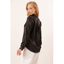 قميص ساتان انسيابي خفيف الوزن 3964 - أسود داكن 3964 Lightweight Draped Satin Shirt - Dark Black