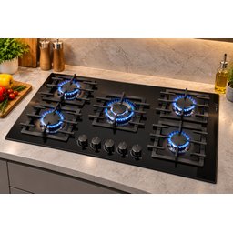 طباخ غاز بلت إن إمبليوم 5 شعلات زجاج أسود 90 سم Embleme  Built-in Gas Hob Black Glass