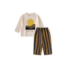 طقم أطفال واسع مطبوع مخطط إكرو وأخضر - 2-10 سنوات Kids' Wide Fit Printed Striped Set - Ecru Green - 2-10 Years