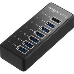 موزع منافذ أمازون بيسكس USB 3.1 بعدد 7 منافذ USB-A وسرعة نقل 5Gbps مع محول طاقة خارجي بقدرة 36 واط Amazon Basics USB-A 3.1 7-Port Powered USB Hub with 36W (12V/3A) Power Adapter – Black, EU