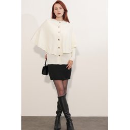 جاكيت صوف نسائي بقصة كاب 15967 - أبيض Women's Knitted Cape Cardigan 15967 - White