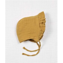 قبعة أطفال من الموسلين العضوي مكشكشة برباط - خردلي (0-2 سنوات) Organic Muslin Baby Hat with Ruffles & Ties - Mustard Yellow (0-2 Years)