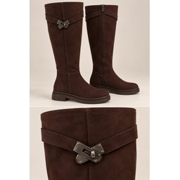 حذاء Muggo RANCH نسائي طويل برقبة بسحاب ومشبك معدني - أسود Muggo RANCH Women's Zippered Metal Buckle Riding Boots - Black