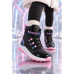 حذاء شتوي بناتي Muggo HUGGİE وردي بلمعة وقلب، لاصق ورباط Muggo HUGGİE Girls' Winter Boots - Glitter, Heart Detail, Velcro & Lace-up - Powder Pink