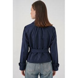 ترنشكوت نسائي قصير بحزام 5970 - كحلي Women's Belted Short Trench Coat 5970 - Navy Blue