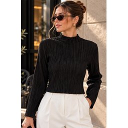 بلوزة نسائية سوداء بتفاصيل ياقة مميزة 40041 Women's Textured Blouse with Collar Detail 40041 - Black