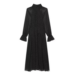 فستان ميدي أسود بنقشة البولكا دوت وأكمام مكشكشة Polka dot dress with puffed sleeves