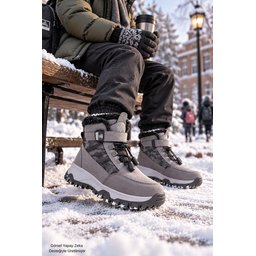 حذاء ثلج للأطفال Muggo TUNDY للجنسين مبطن بالفرو مع فيلكرو وأربطة - رمادي Muggo TUNDY Unisex Kids' Fur-Lined Snow Boot with Hook-and-Loop and Laces - Grey