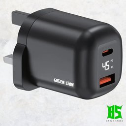 شاحن جداري غان سريع جرين ليون كيو سيريز بقوة 45 واط بمنفذين Green Lion Q-Series UK Plug GaN Charger PD45W + QC3.0 USB-C & USB-A