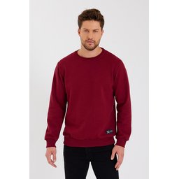 سويتشيرت رجالي بياقة دائرية وتفاصيل ملصق، مبطن بالقطن - BORDO Men's Crew Neck Cotton Lined Sweatshirt with Label Detail - BORDO