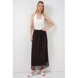 تنورة نسائية مبطنة بطبعة فلوك 8076 - بني Women's Flocked Print Lined Skirt 8076 - Brown