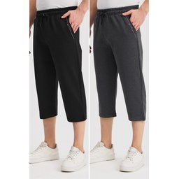 شورت برمودا رجالي طويل 2 في 1 بجيوب جانبية وخصر مطاطي قابل للتعديل - أسود/فحمي Men's 2-Pack Bermuda Long Shorts with Side Pockets & Adjustable Elastic Waist - Black/Anthracite