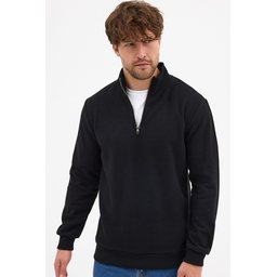 سويتشيرت رجالي أسود بياقة قائمة ونصف سحاب، قصة عادية من القطن المخلوط Men's Black Standard Fit Cotton Blend Half-Zip Stand-Up Collar Sweatshirt