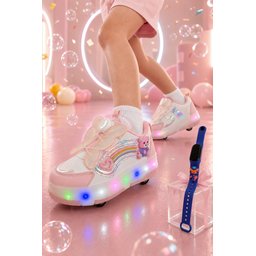Muggo COLOURFUL حذاء رياضي أطفال بعجلات وإضاءة LED - بودرة Muggo COLOURFUL Kids' Light-Up Roller Sneaker - Powder