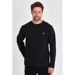 سويت شيرت رجالي أسود بياقة دائرية مزدوجة وتفاصيل طباعة، قصة مريحة Men's Black Double Crew Neck Printed Detail Standard Relaxed Fit Sweatshirt