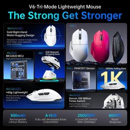 ماوس ألعاب أتاك شارك V6 فائق الخفة، ثلاثي الاتصال مع قاعدة شحن مغناطيسية RGB ATTACK SHARK V6 Ultra-Light Tri-Mode Gaming Mouse with RGB Magnetic Charging Dock