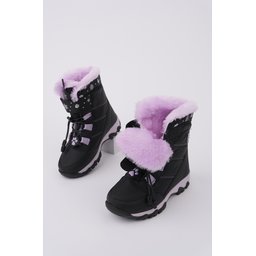 حذاء أطفال بناتي MUGGO TIGGER شتوي مبطن بالفرو برباط وشريط لاصق - أسود MUGGO TIGGER Girls' Fur-Lined Lace-Up & Velcro Winter Boots - Black