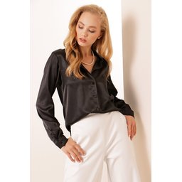 قميص ساتان انسيابي خفيف الوزن 3964 - أسود داكن 3964 Lightweight Draped Satin Shirt - Dark Black