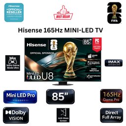 شاشة هايسنس 85 إنش Mini-LED PRO 4K ذكية مع معدل تحديث 165Hz وتقنية Dolby Atmos Hisense 85-Inch Mini-LED PRO 4K Smart TV with 165Hz Refresh Rate and Dolby Atmos