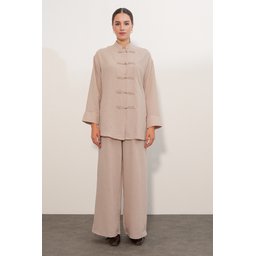 طقم نسائي قطعتين كتان فيسكوز - قميص أوفرسايز وبنطلون - بيج 30126 Women's Oversize Linen Viscose Shirt & Pants Two-Piece Set - Beige 30126