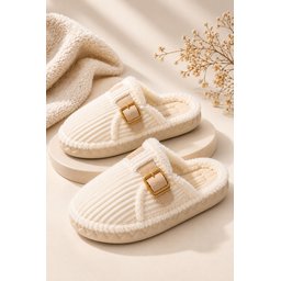 Muggo CLAY شبشب نسائي شتوي من الفرو الصناعي مع إبزيم - بيج Muggo CLAY Women's Plush Winter House Slippers with Buckle - Beige