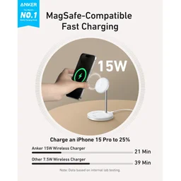 انكر - شاحن لاسكلي مغناطيسي مكتبي مزود بتقنية Qi2 بقوة شحن 15 واط - ابيض Anker MagGo Wireless Charger Single Stand 15W Qi2 White