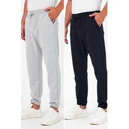 بنطلون رياضي رجالي سميك عبوة من 2 - أسود/رمادي فحمي ورمادي/كحلي Men's Thick Jogger Sweatpants 2-Pack - Black/Anthracite & Grey/Navy