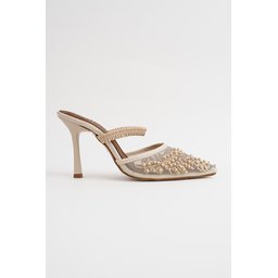 Muggo PEARLY حذاء نسائي بكعب رفيع مدبب وتطريز خرز وشبك - بيج Muggo PEARLY Pointed-Toe Beaded Mesh Stiletto Mules for Women - Nude