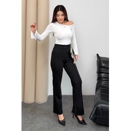 بنطلون بالازو نسائي أسود بخصر عالٍ، مضلع، مريح، بسحاب وأزرار Women's High-Waisted Black Ribbed Palazzo Pants with Zipper & Buttons