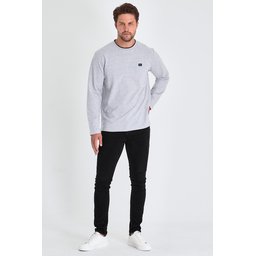 سويت شيرت رجالي رمادي بقبة دائرية مزدوجة وتفاصيل طباعة Men's Grey Double Crew Neck Sweatshirt with Print Detail