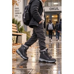 حذاء ثلج للأطفال Muggo TUNDY للجنسين مبطن بالفرو مع فيلكرو وأربطة - أسود Muggo TUNDY Unisex Kids' Fur-Lined Snow Boot with Hook-and-Loop and Laces - Black