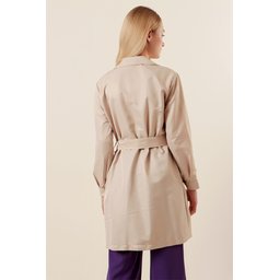 5864 ترنشكوت قصير بياقة متقاطعة - بيج 5864 Crossover Collar Short Trench Coat - Beige