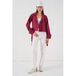 ترنشكوت نسائي قصير بحزام 5970 - خمري Women's Belted Short Trench Coat 5970 - Burgundy